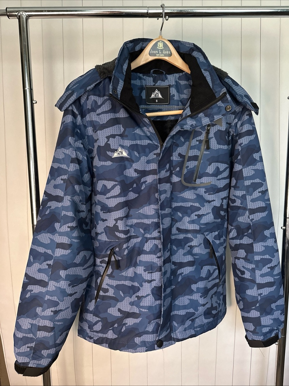 Moerdeng Blue Camo Ski Jacket with Detachable Hood
